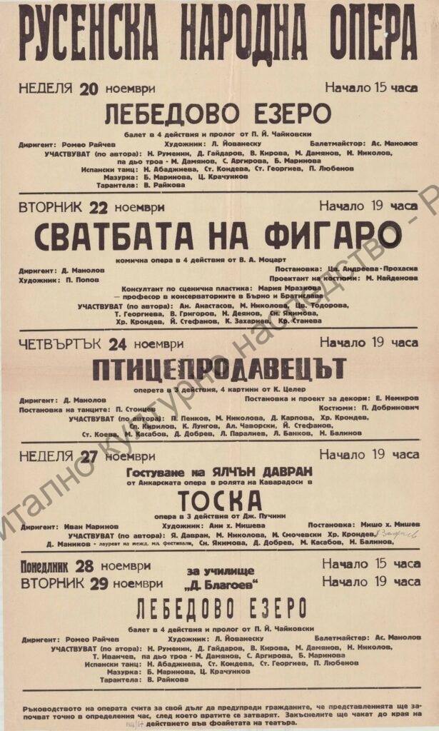 Афиш Лебедово езеро, Светбата на Фигаро, Птицепродавецът, Тоска