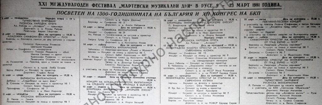 ХХІ Международен фестивал “Мартенски музикални дни” в Русе, 9 – 13 март 1981