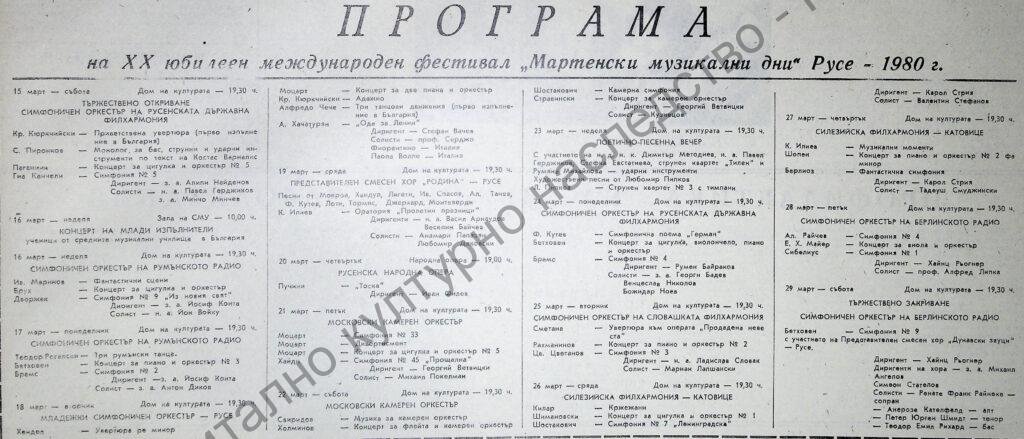 Програма на ХХ юбилеен международен фестивал “Мартенски музикални дни” Русе – 1980 г.
